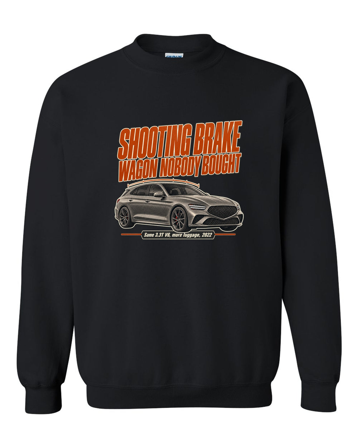 Editorial headline print for the Genesis G70 Shooting Brake reading wagon nobody bought black crewneck front view with the design