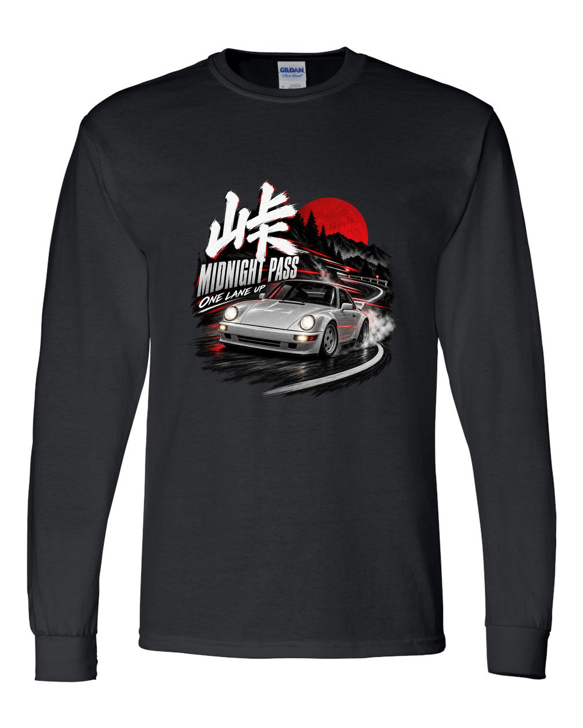 Touge night print of an outlaw-style Porsche 911 Carrera 4 964 on a mountain pass black long sleeve front view with the design