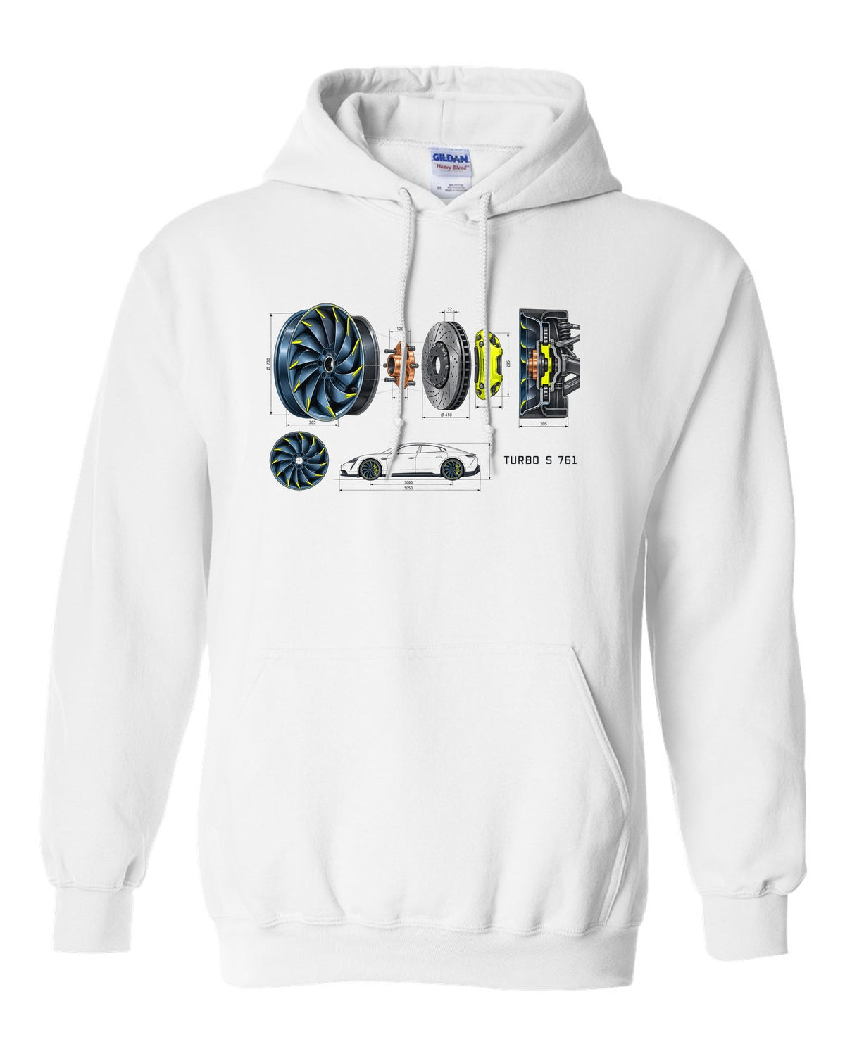 Porsche Taycan Turbo S 9J1 turbine wheel engineering schematic print with the text Turbo S 761 white pull over hoodie front view with the design