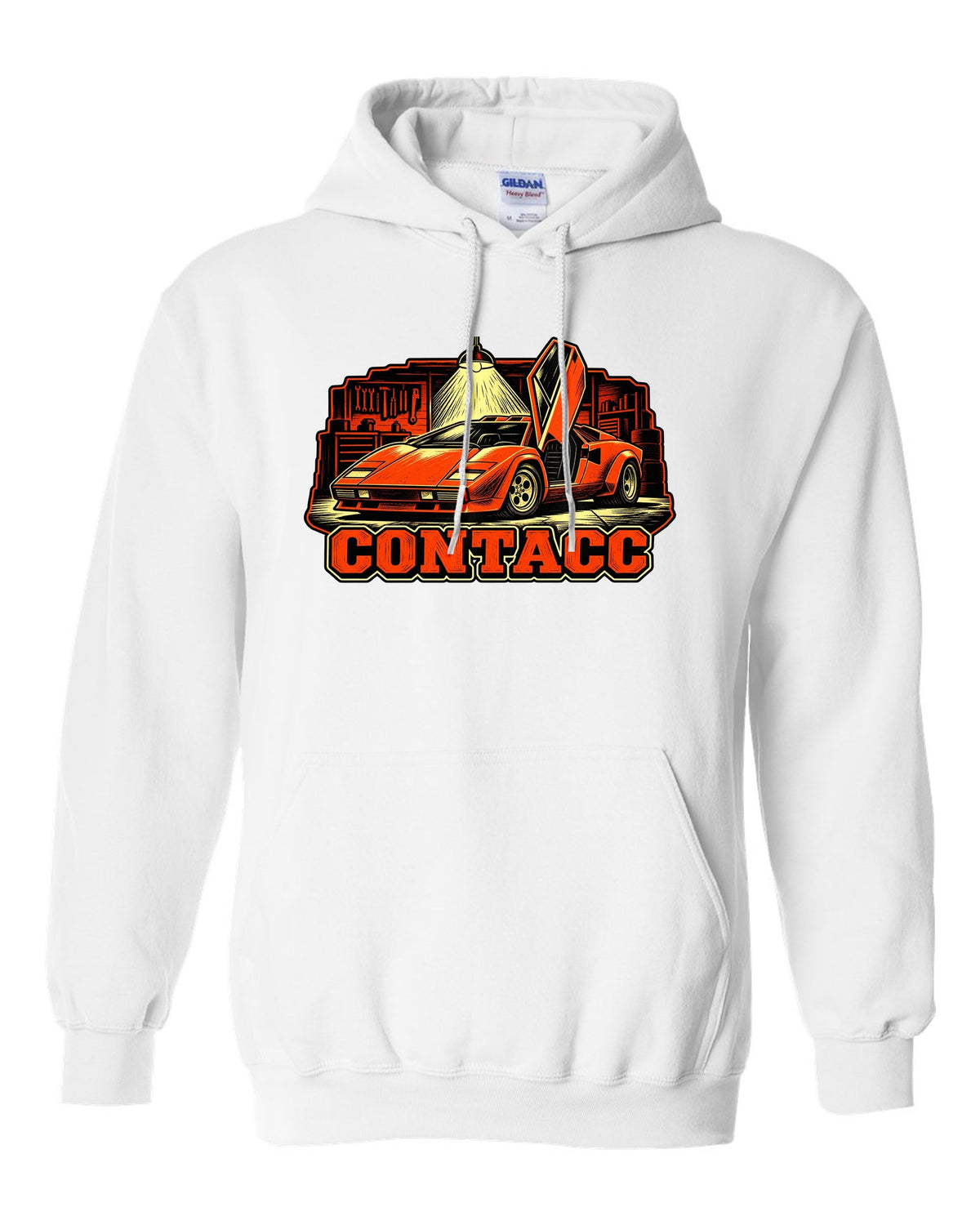 Linocut woodcut print of a 1974 Lamborghini Countach LP400 in a garage under one bulb white pull over hoodie front view with the design
