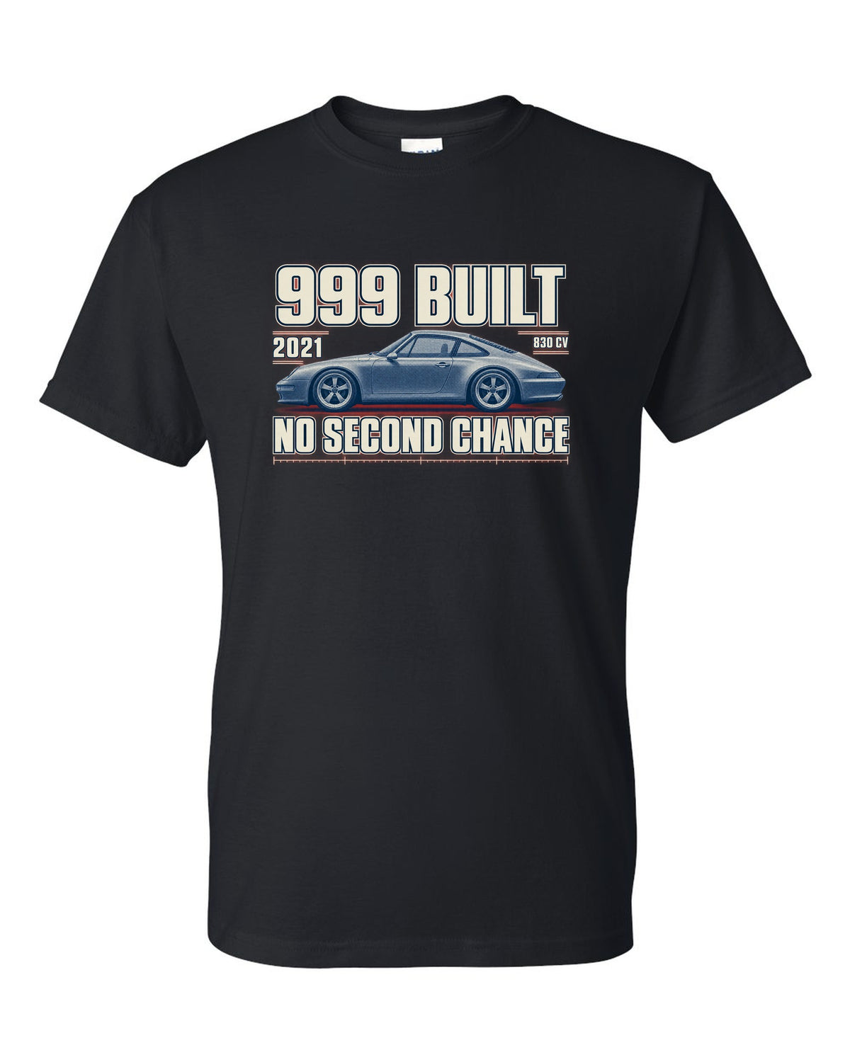 Ferrari 812 Competizione halftone print with 999 built, 2021 text black t-shirt front view with the design