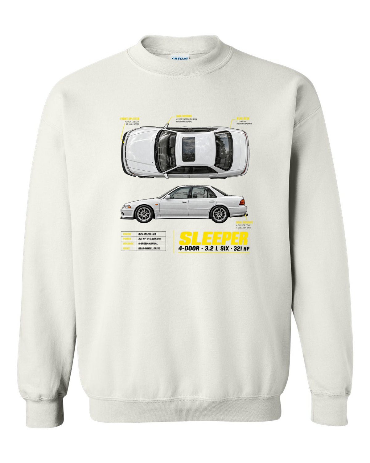 BMW E36 M3 sedan spec poster print with sleeper 4-door 3.2 L six and 321 HP text white crewneck front view with the design
