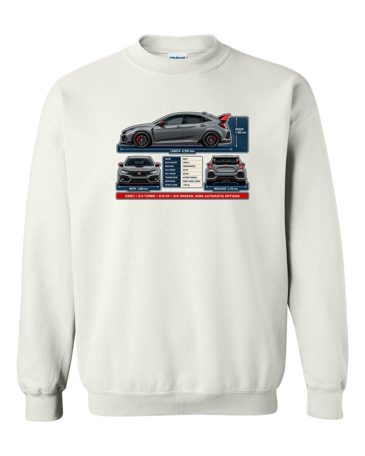 print dimension blueprint of a Honda Civic Type R FL5 in warm grey white crewneck front view with the design