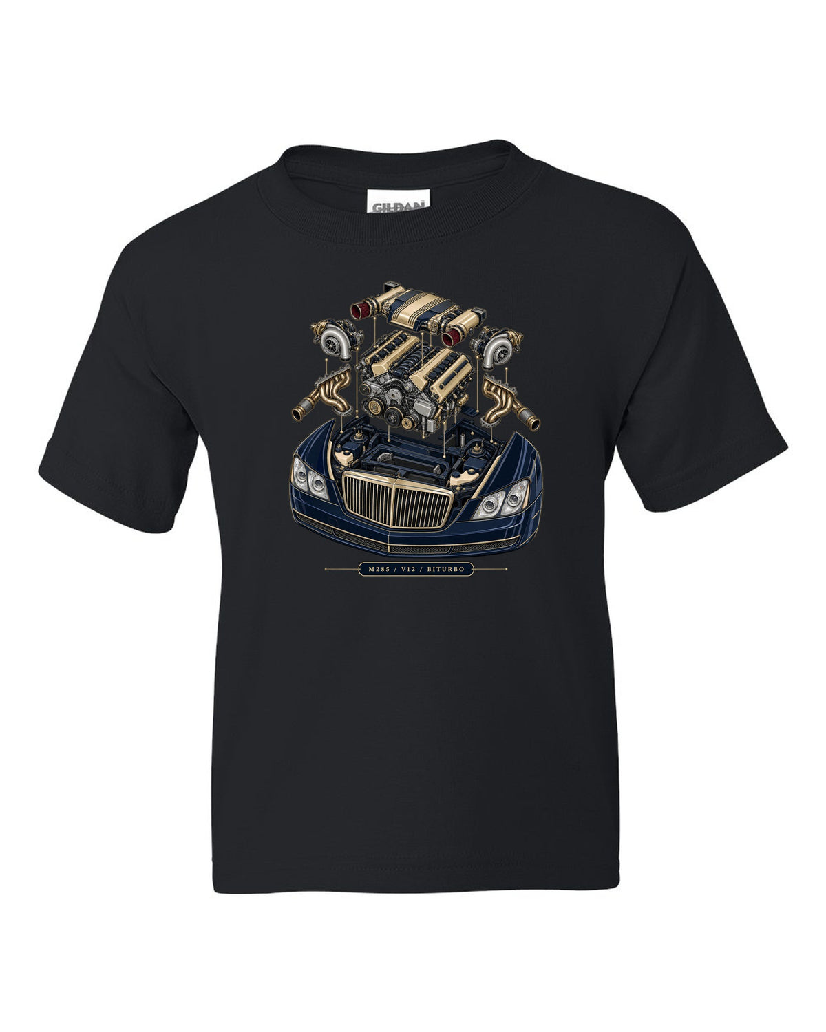 Pastel vaporwave rear view of the one-off Maybach Exelero on a shirt back black kids tee front view with the design