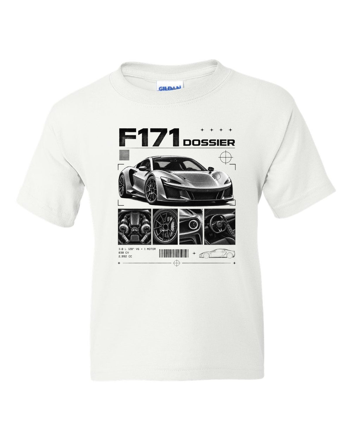 Dossier panel print of a Ferrari 296 GTB F171 with 3.0 L 120 degree V6 plus one motor, 830 CV white kids tee front view with the design