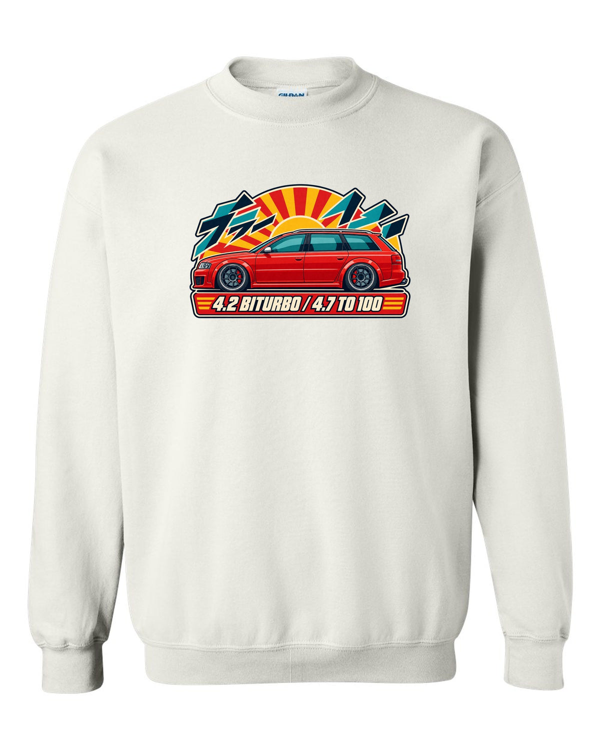 Retro Japanese catalogue ad style print of an Audi RS6 Avant C5 with 4.2 biturbo text white crewneck front view with the design