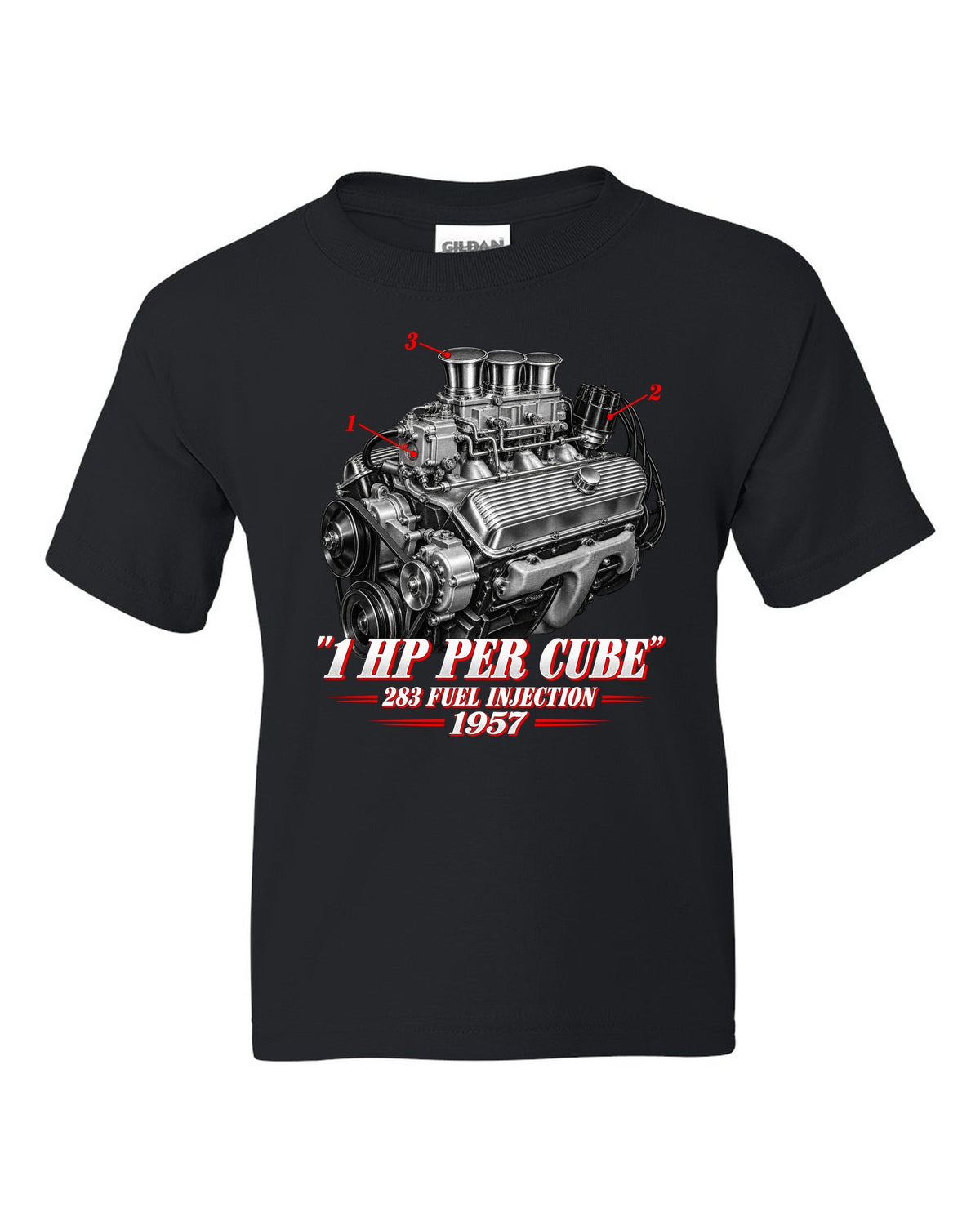 Chevrolet Corvette C1 1957 fuel-injected 283 engine print black kids tee front view with the design