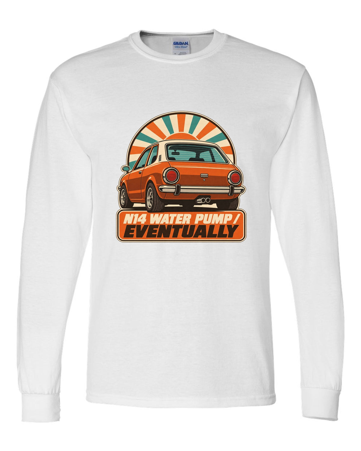 1970s catalogue-style ad of a Mini Cooper S R56 with N14 water pump text white long sleeve front view with the design