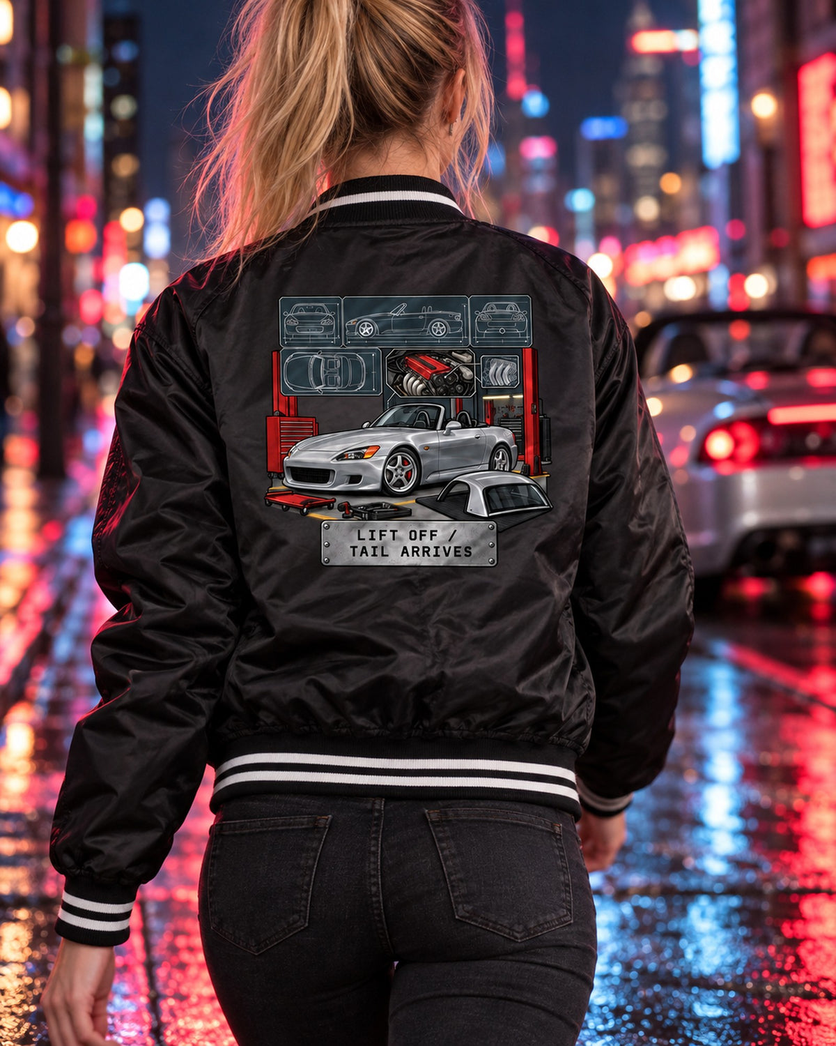 S2000 AP1 Shop Spec Sheet Data Plate Shirt, Lift Off Oversteer Bomber Jacket Black worn hero