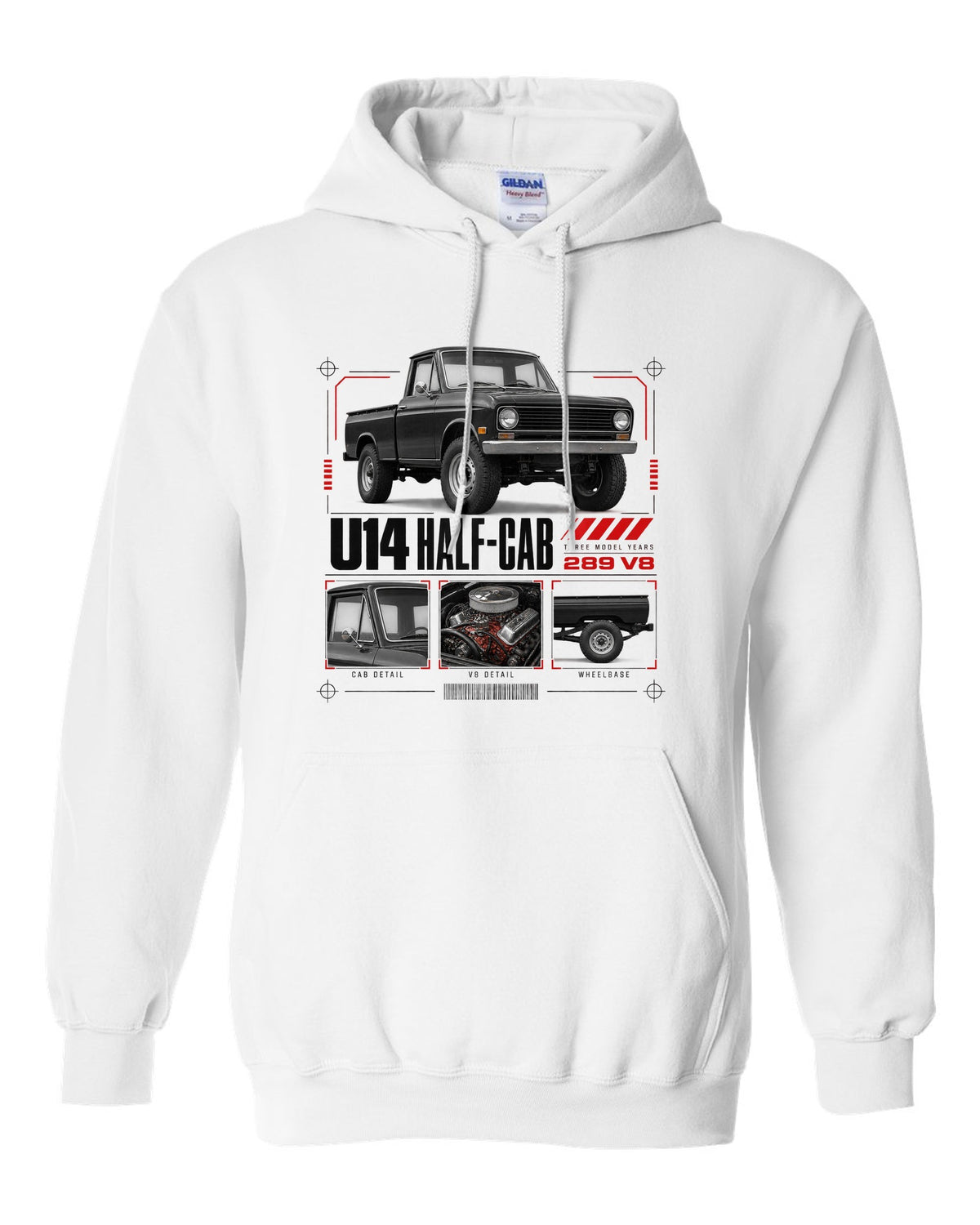 Ford Early Bronco U14 half-cab dossier panel print with 289 V8 and three model years white pull over hoodie front view with the design