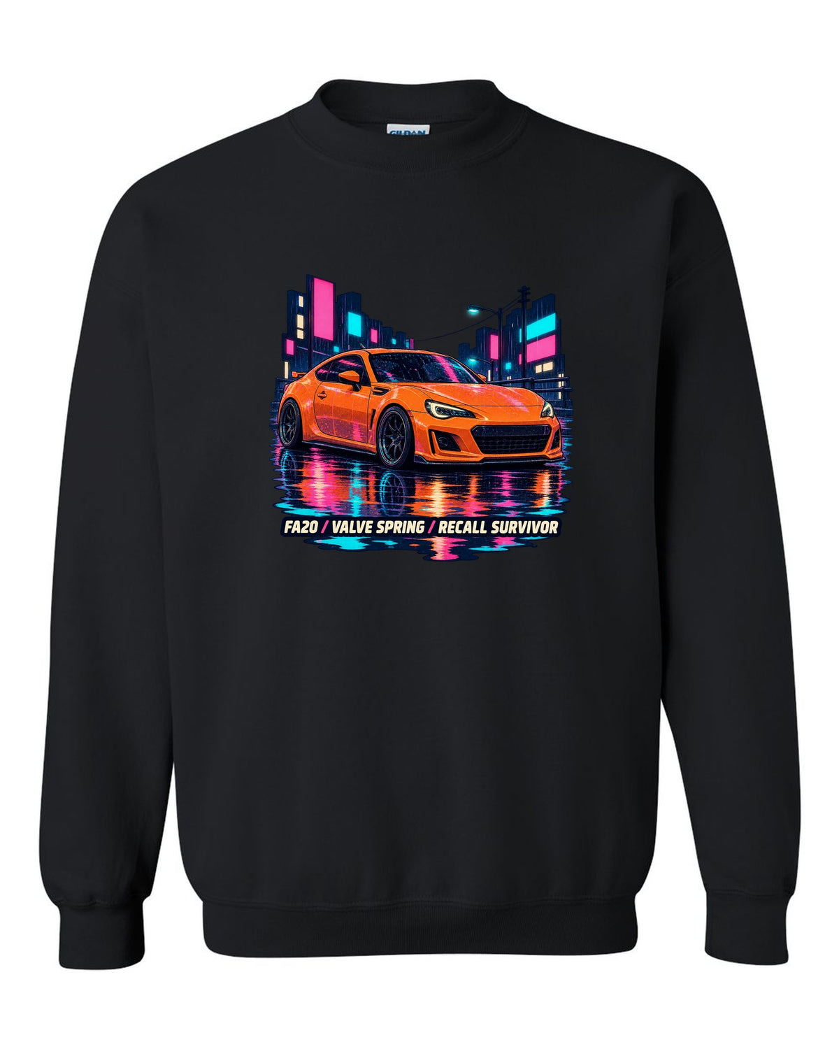 Subaru BRZ ZC6 in a rainy lo-fi anime night scene, FA20 / VALVE SPRING / RECALL SURVIVOR black crewneck front view with the design