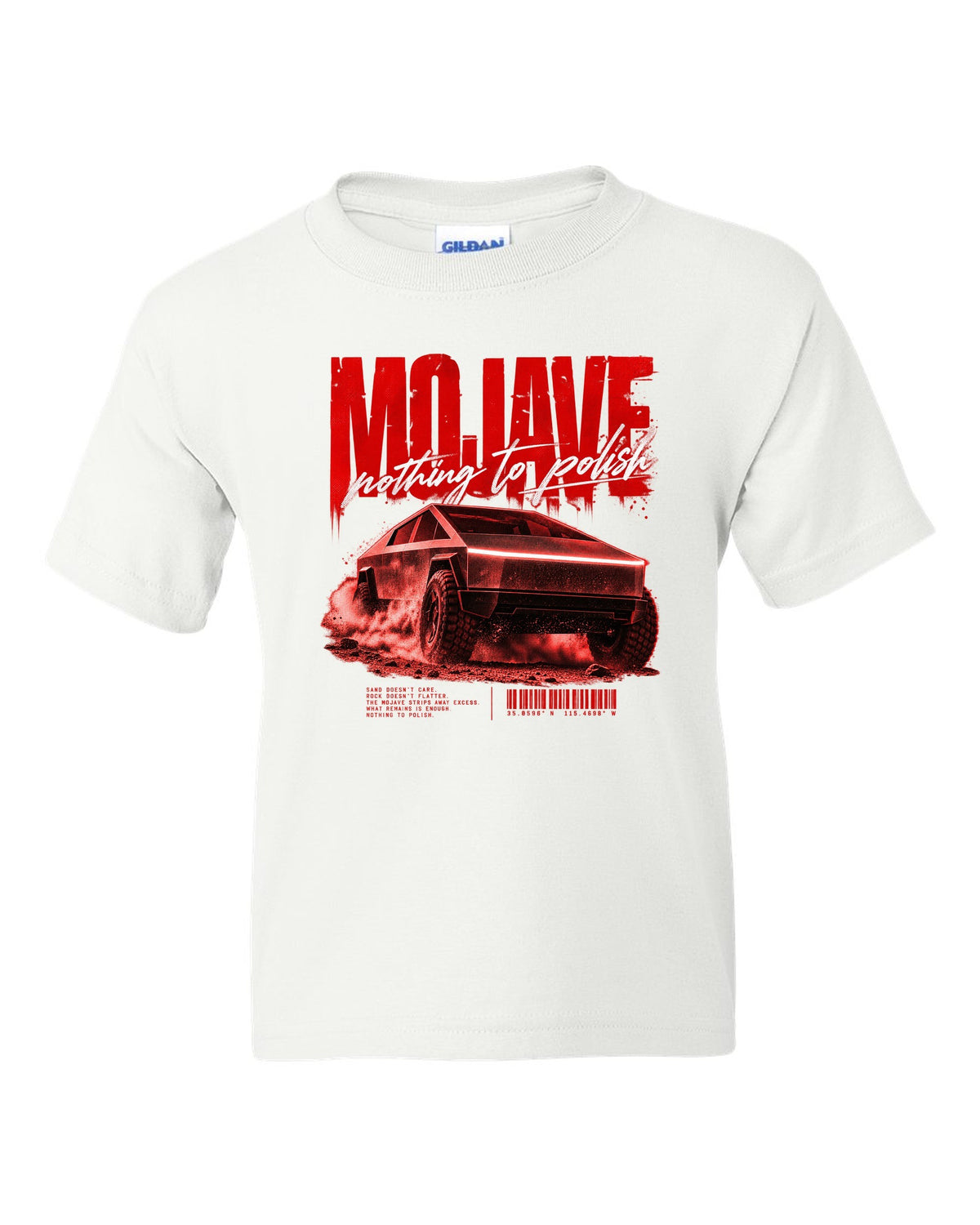 Tesla Cybertruck low front three-quarter on a Mojave desert road street poster white kids tee front view with the design