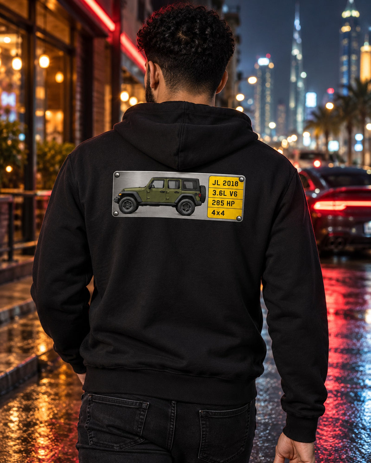 Jeep Wrangler JL Unlimited 3.6L V6 285 HP Spec Plate Tee Zip Hoodie Black worn hero
