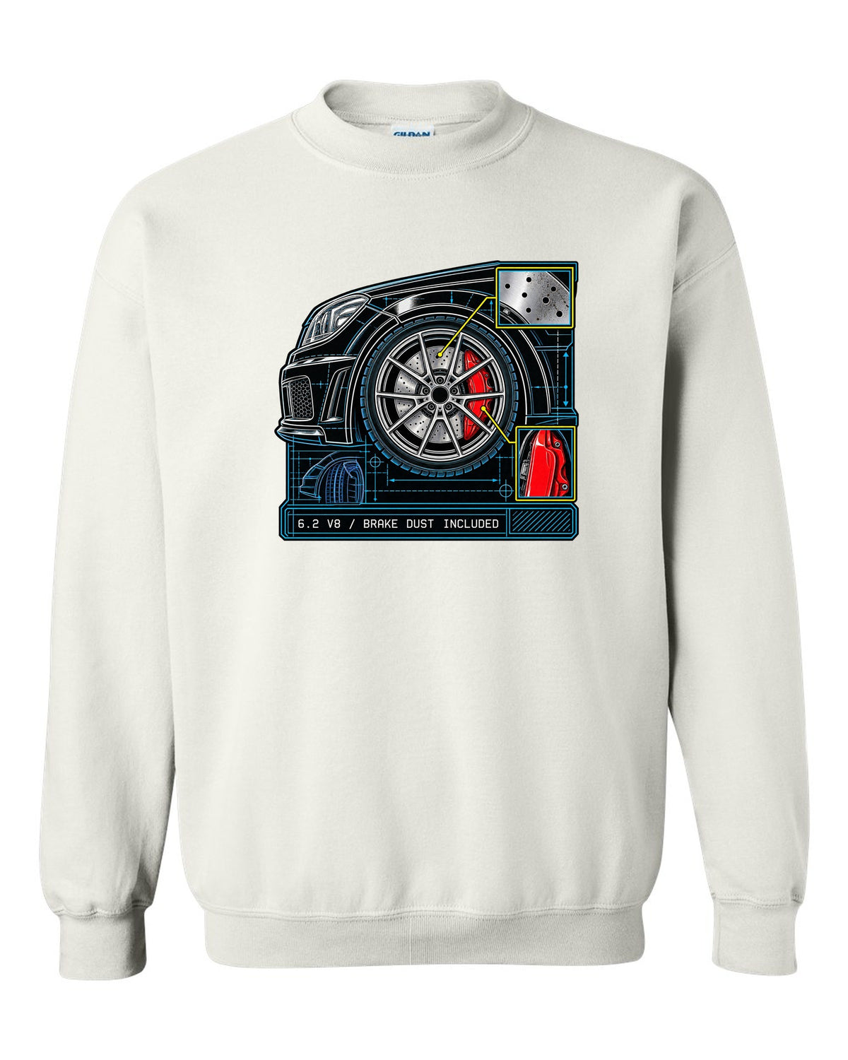 Retro manga ink burnout illustration of a Mercedes C63 Coupe C204 with tyre text white crewneck front view with the design