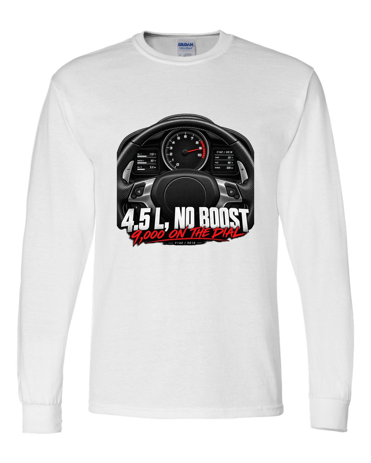 Cockpit gauge print of a Ferrari 458 Italia instrument cluster with 9,000 on the dial white long sleeve front view with the design