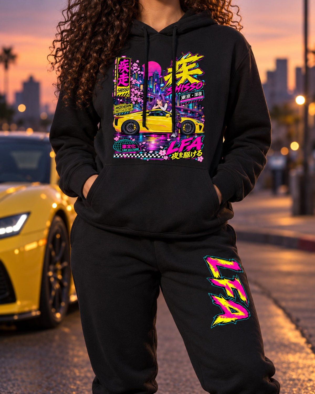 LFA Shisso Anime Girl Poster Hoodie + Jogger Set Black worn hero