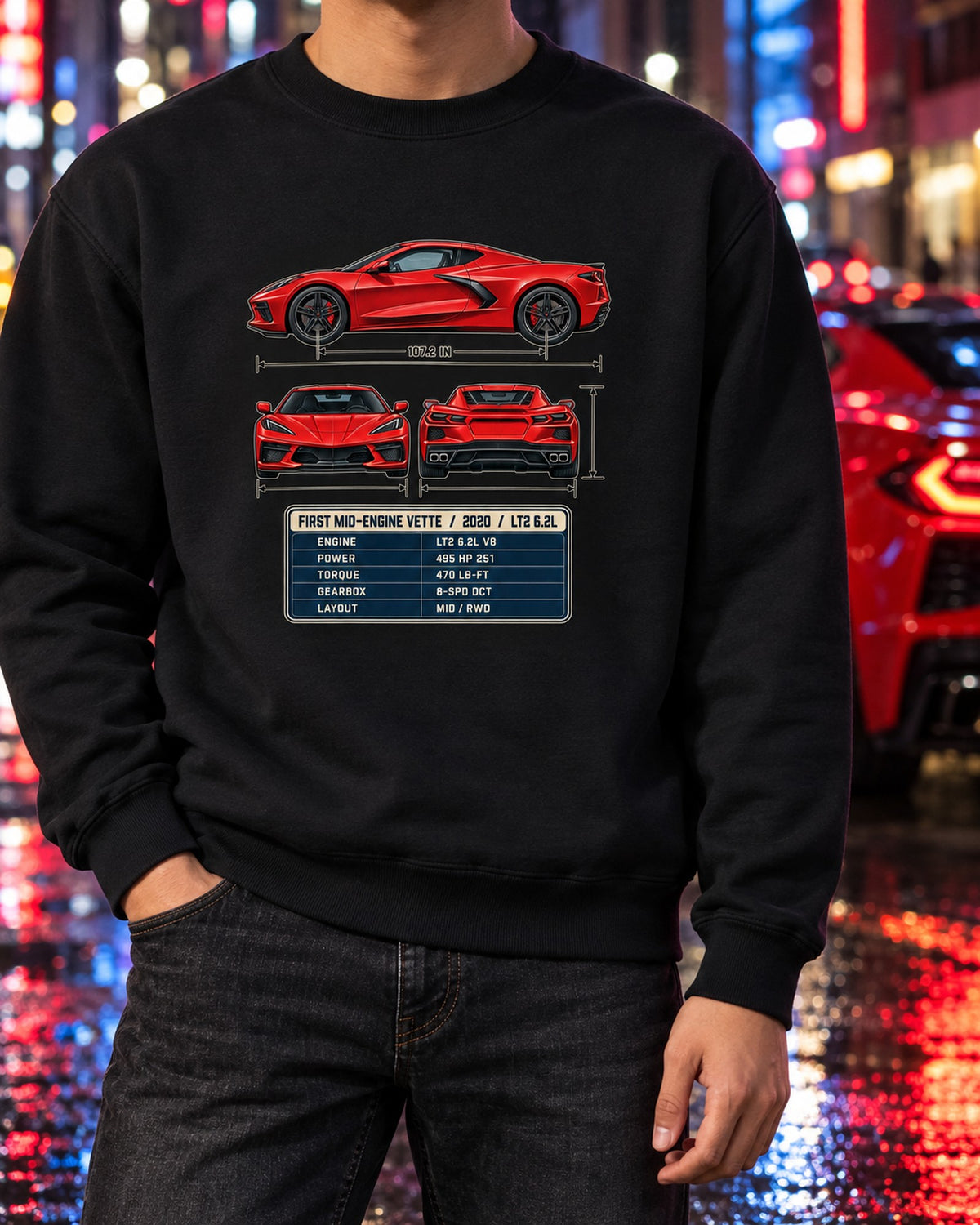 Chevrolet Corvette C8 Stingray Three-View Spec Table Tee Crewneck Black worn hero