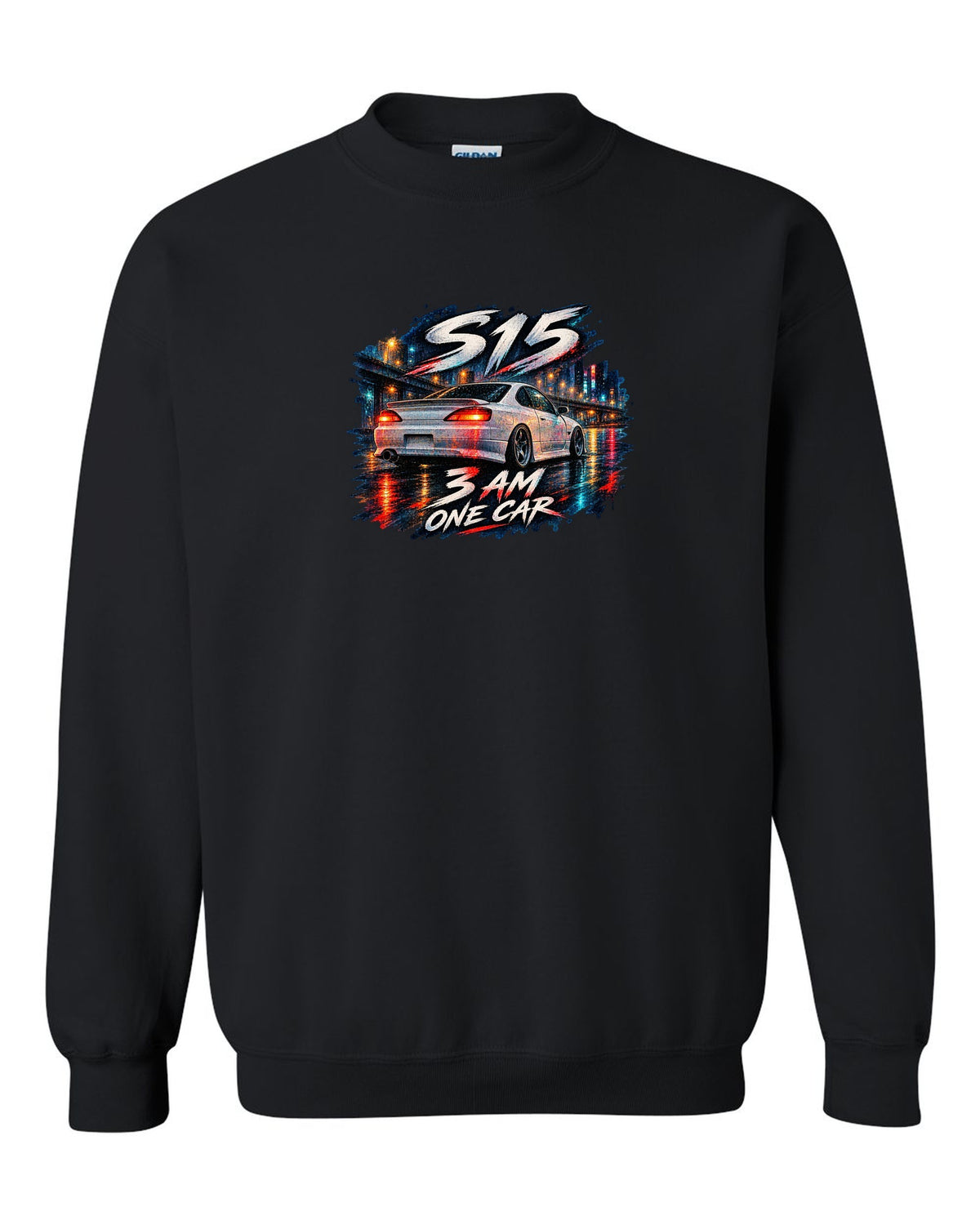 Watercolour wet-road night scene of a Nissan Silvia S15 at 3 AM black crewneck front view with the design
