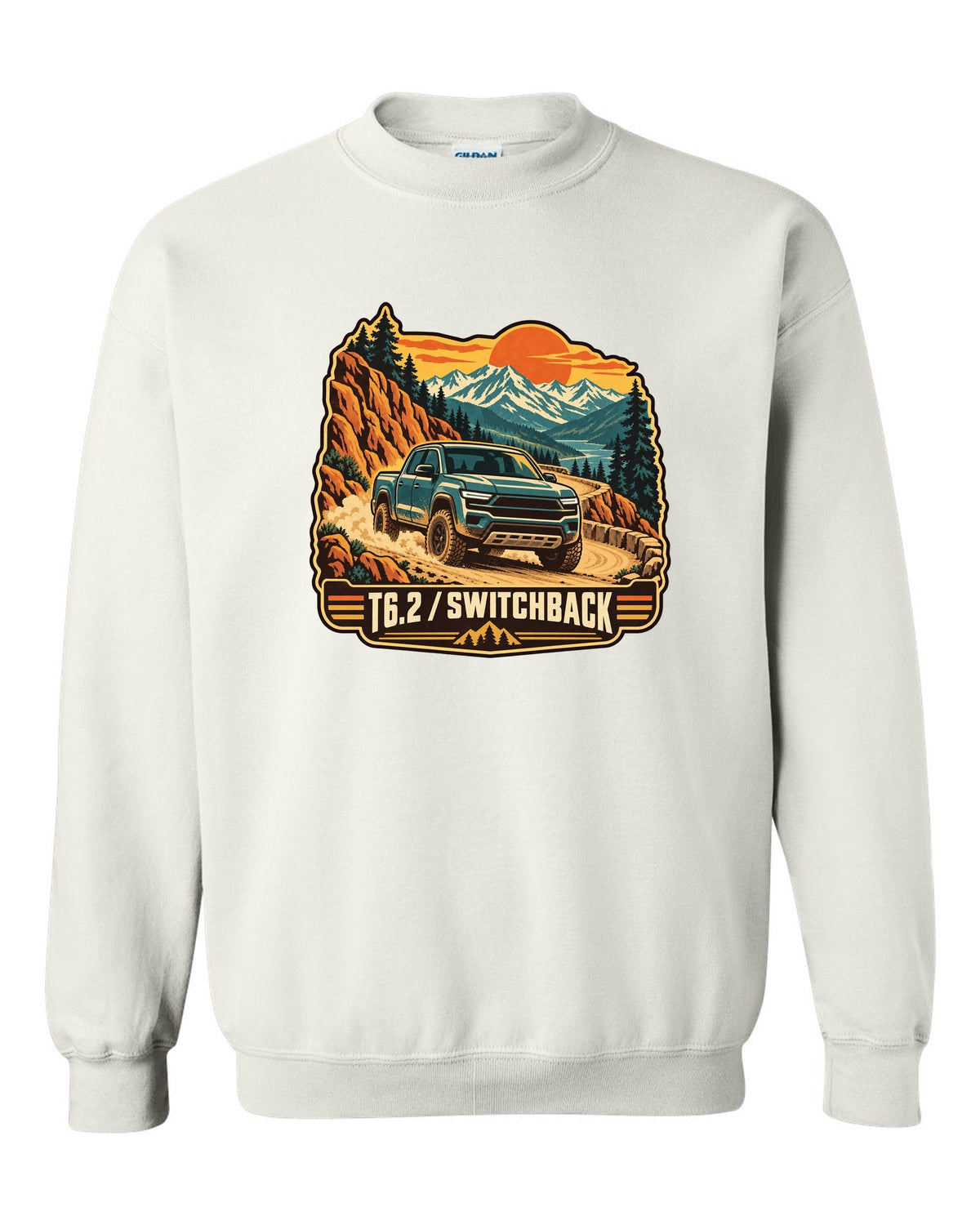 Vintage travel poster print of a 2022-present Ford Ranger T6.2 P703 on a switchback road white crewneck front view with the design