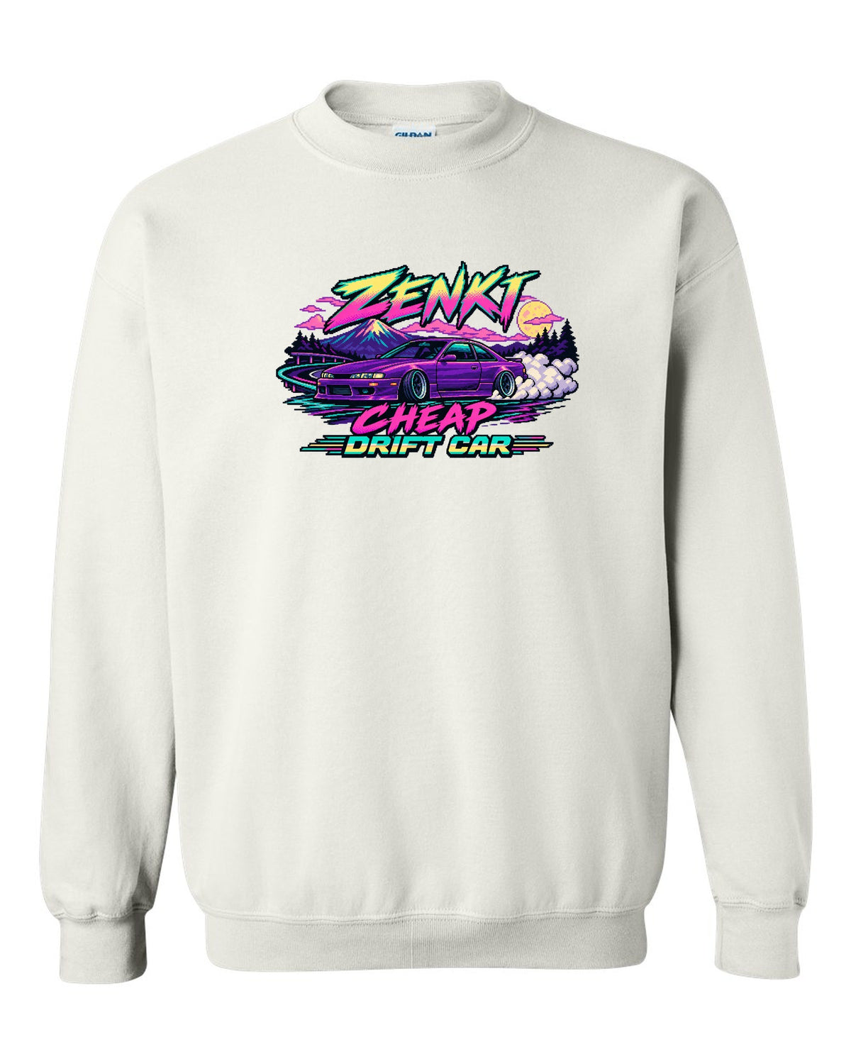 16-bit pixel art print of a Nissan Silvia S14 zenki drift car white crewneck front view with the design