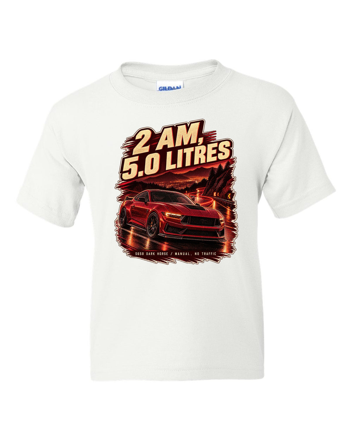 Ford Mustang S650 Dark Horse on an empty night street print white kids tee front view with the design