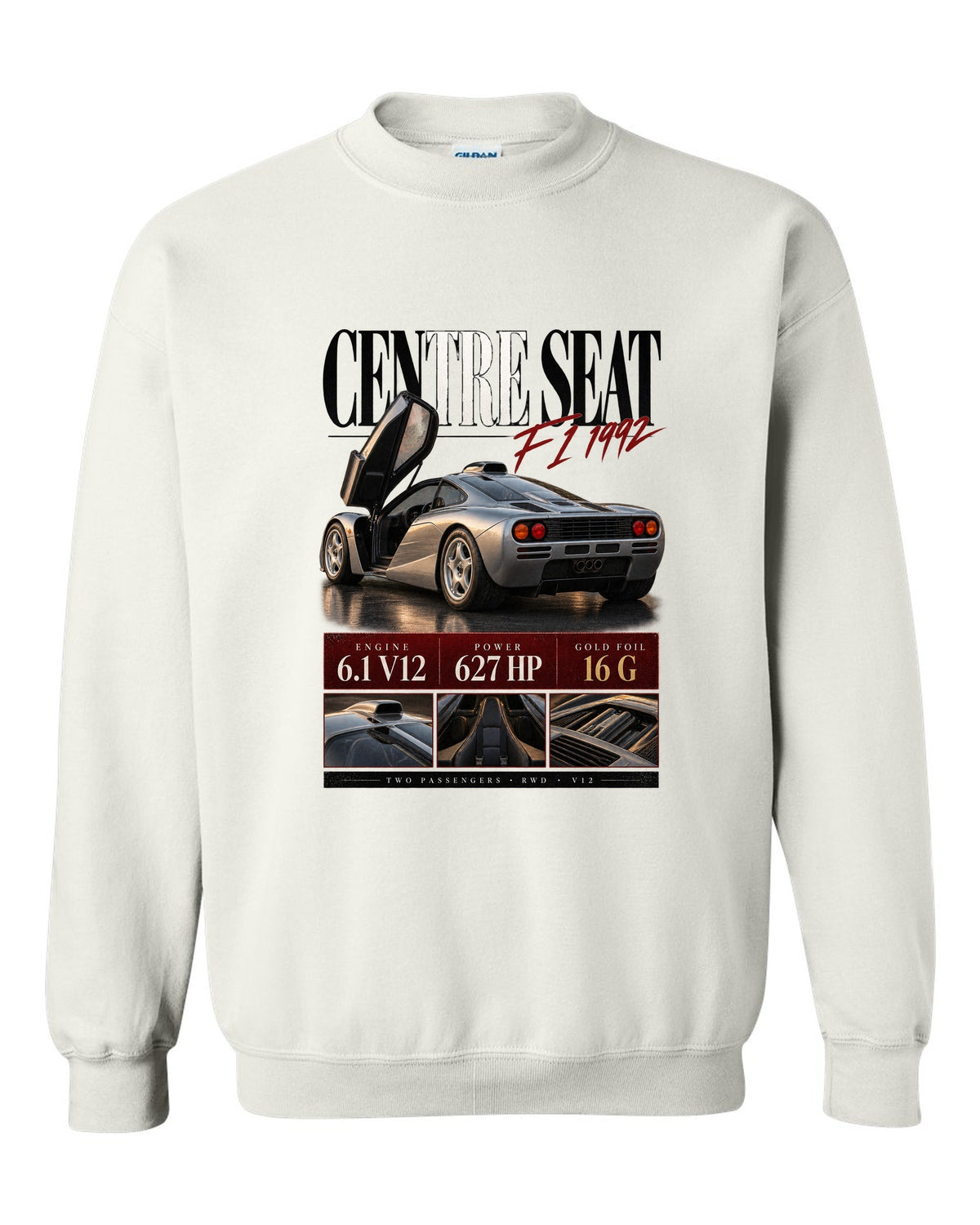 Archive panel print of the 1992 McLaren F1 with centre driving seat and V12 specification text white crewneck front view with the design