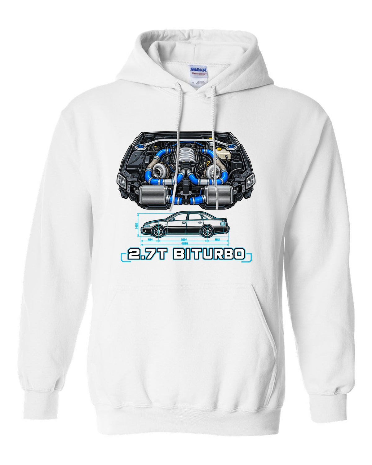 Technical blueprint print of an Audi S4 B5 with 2.7T Biturbo text white pull over hoodie front view with the design