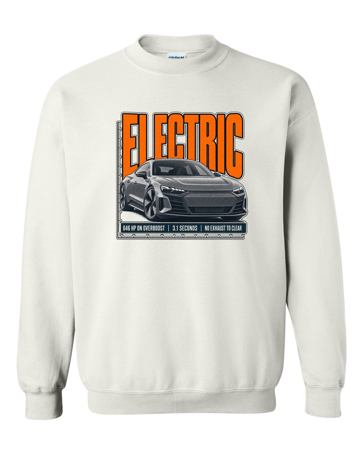 Audi RS e-tron GT low front three-quarter halftone statement print design white crewneck front view with the design