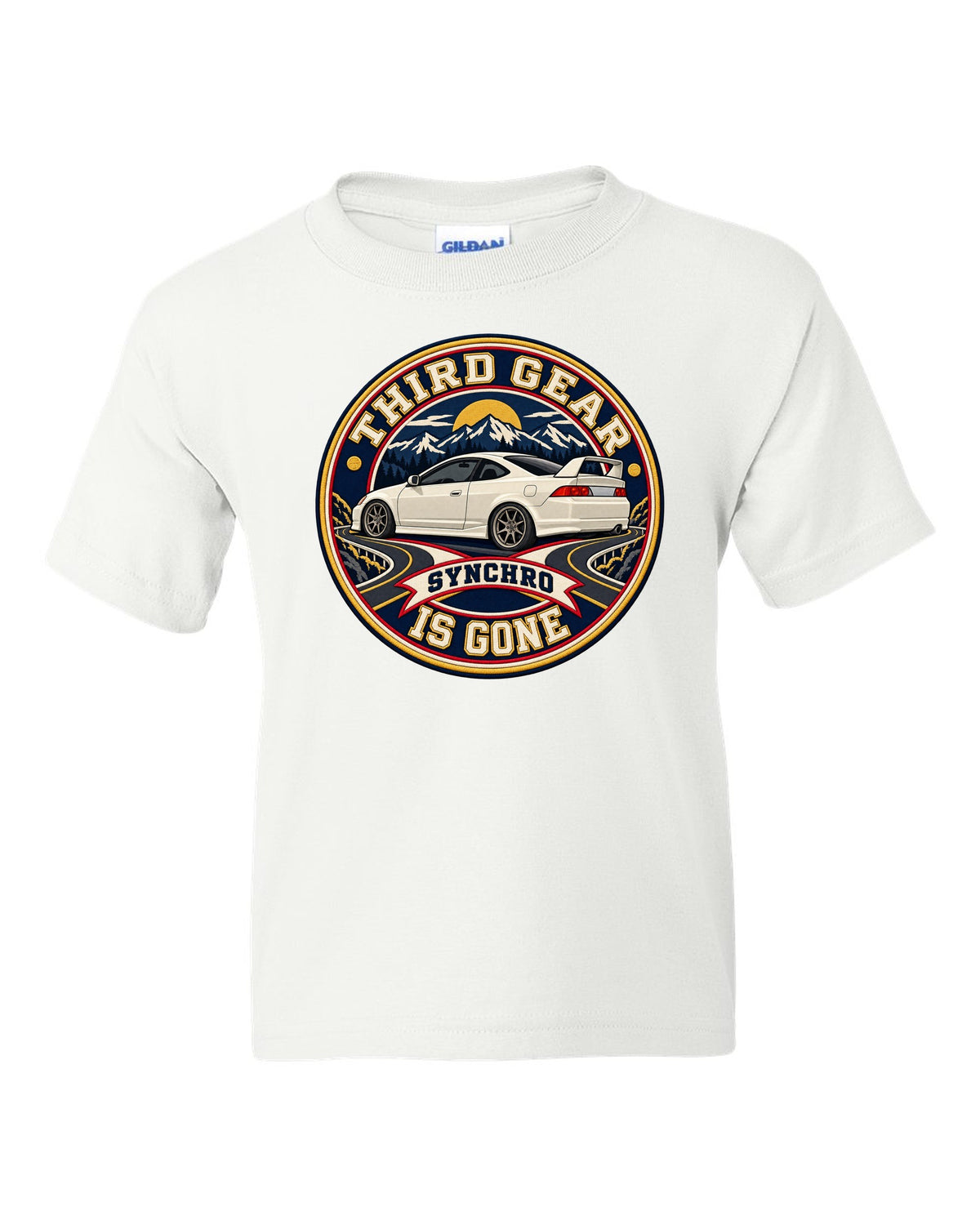 Embroidery patch style print of a 2002 Honda Integra DC5 ch with third gear synchro text white kids tee front view with the design