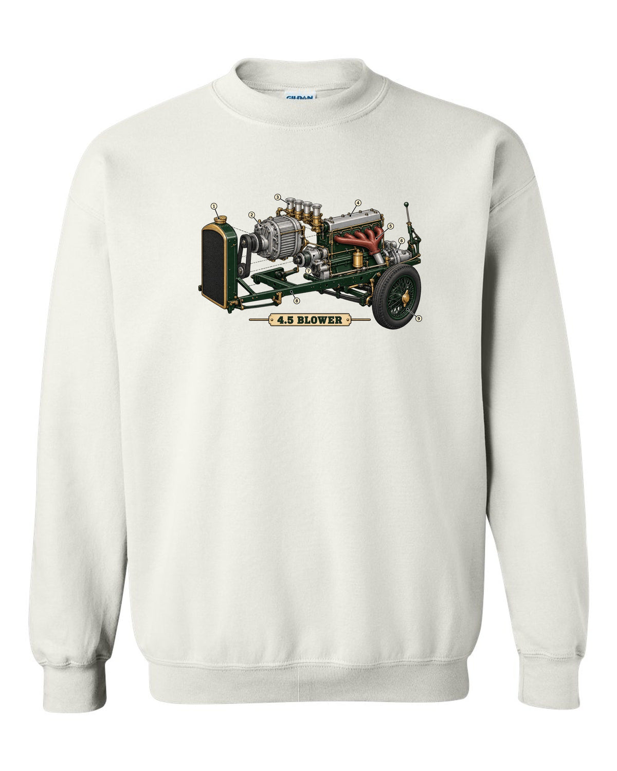 Exploded view diagram of the 1929 Bentley 4.5 Litre Blower supercharged engine with 4.5 BLOWER lettering white crewneck front view with the design