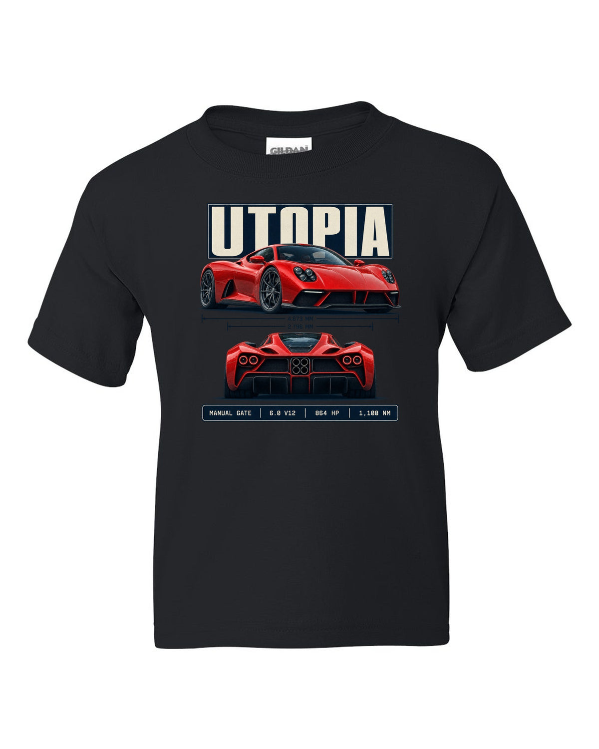 Spec poster print of the Pagani Utopia with the text manual gate, 6.0 V12, 864 hp, 1,100 Nm black kids tee front view with the design
