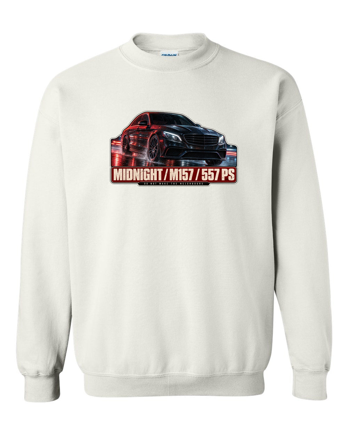 Night street print of a Mercedes-AMG E63 W212 facelift in blue and red light white crewneck front view with the design