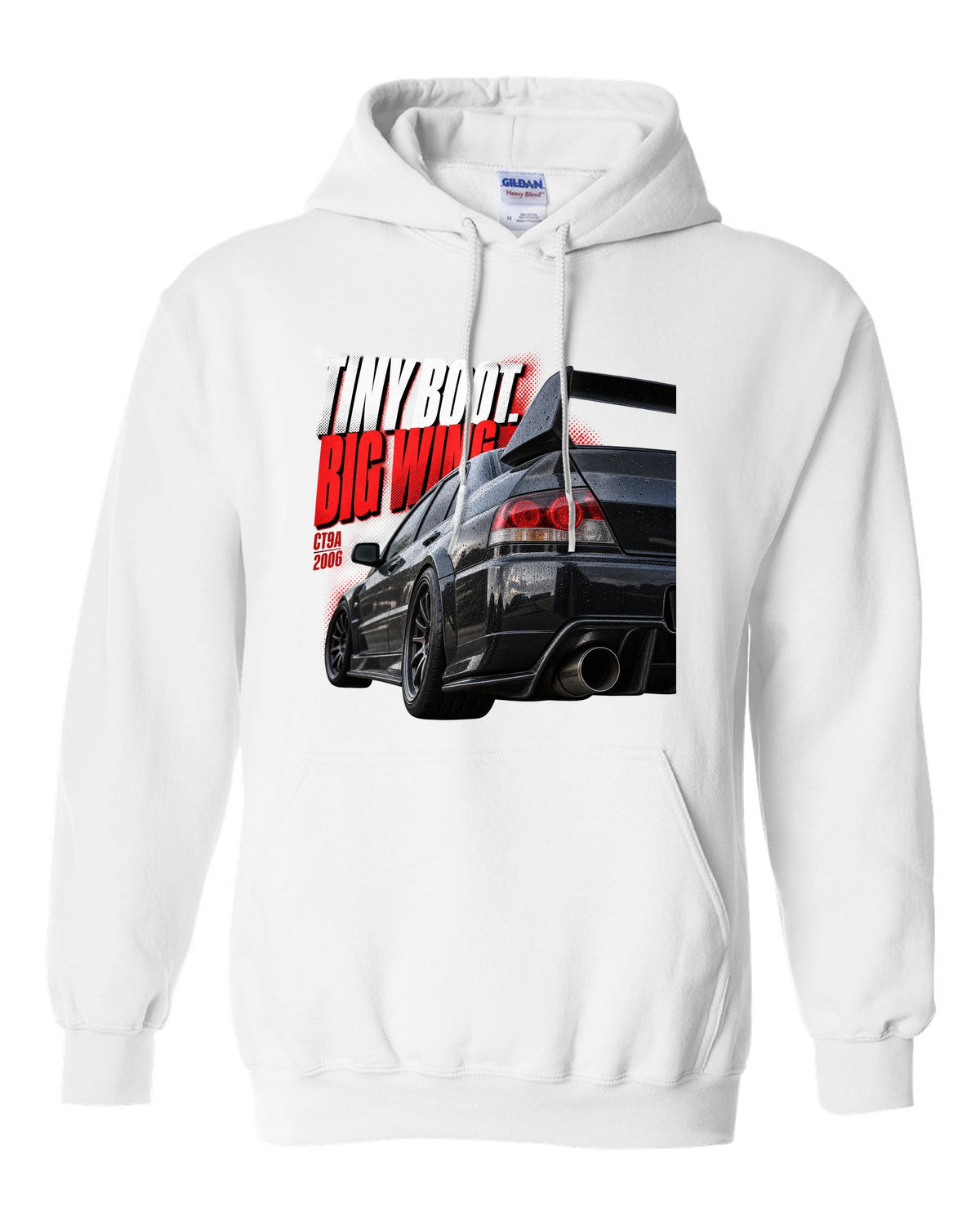 Tail macro print for the Mitsubishi Lancer Evolution IX CT9A reading Tiny Boot, Big Wing, CT9A, 2006 white pull over hoodie front view with the design