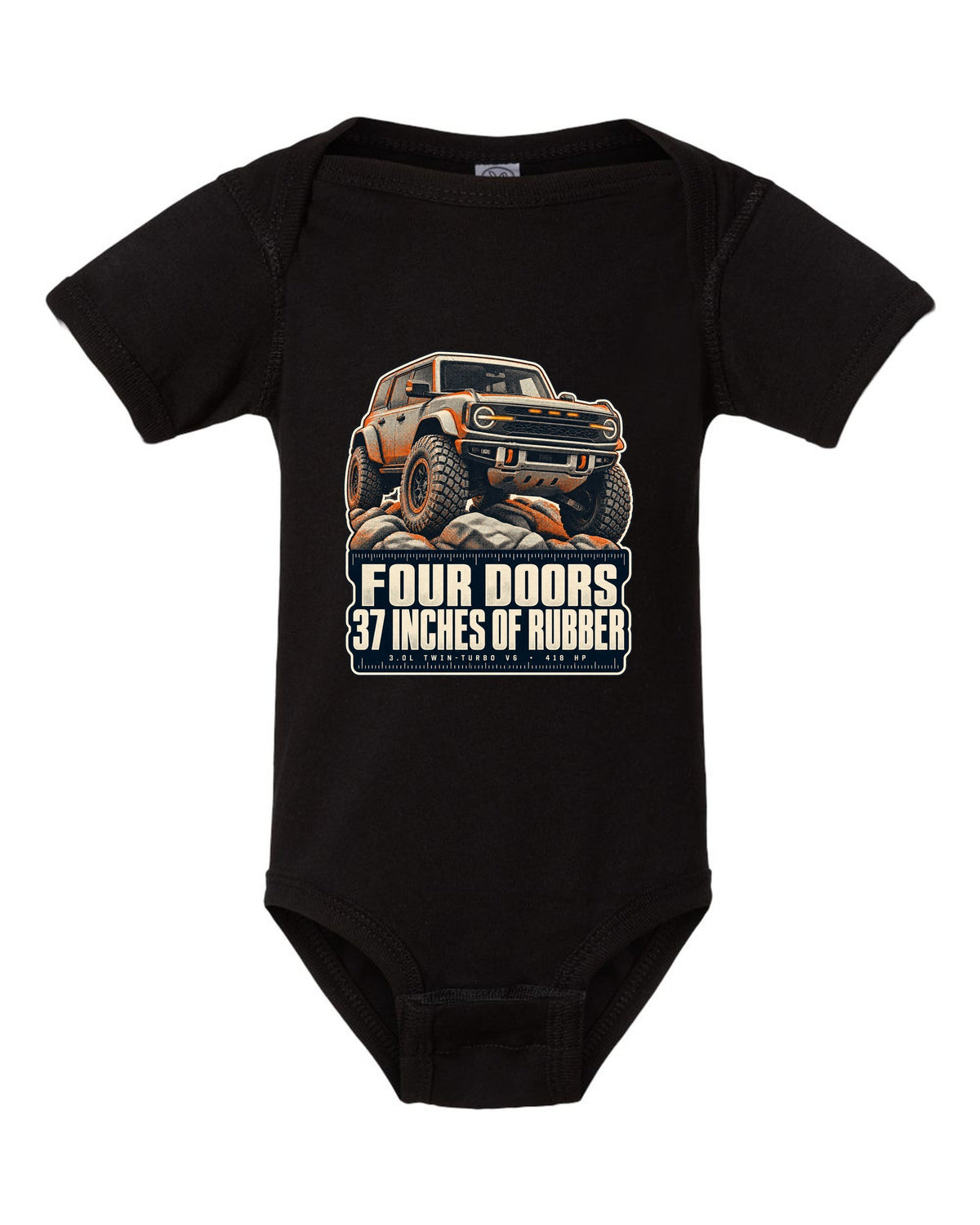 Ford Bronco Raptor halftone print with four doors 37 inches text black baby onesie front view with the design