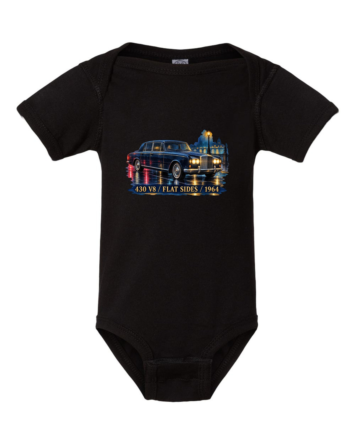 1964 Lincoln Continental on a wet night road in watercolour style black baby onesie front view with the design