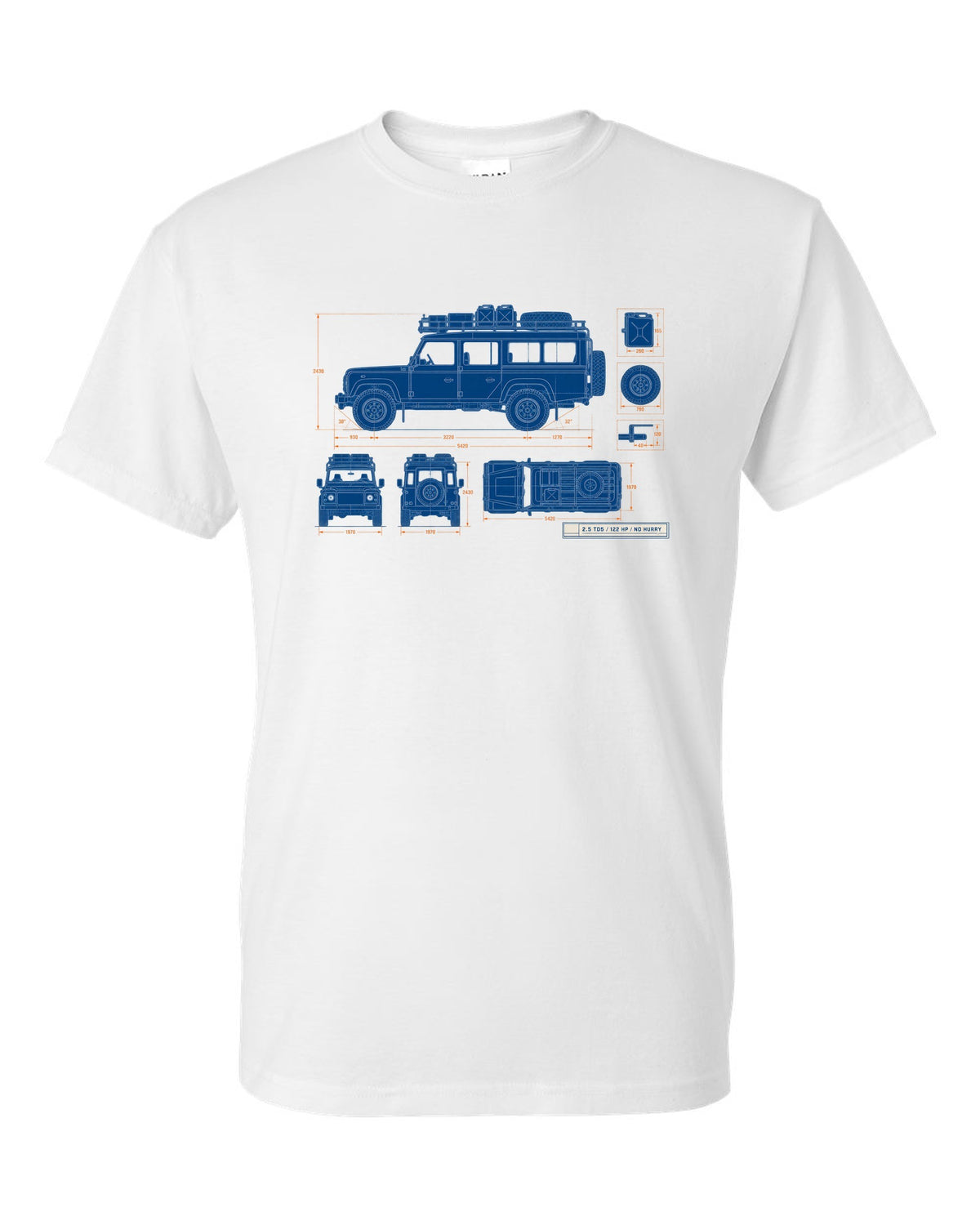Blueprint line drawing print of a Land Rover Defender 110 Td5 with roof rack and 2.5 TD5 text white t-shirt front view with the design