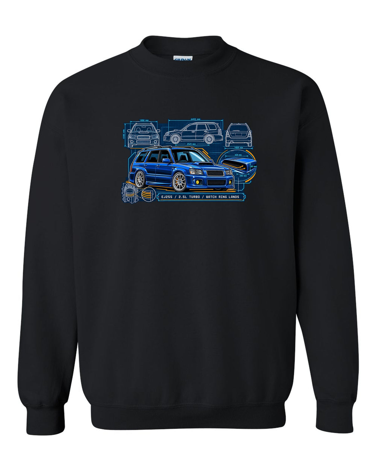 Technical blueprint of a Subaru Forester SG9 with hood scoop and EJ255 2.5L turbo text black crewneck front view with the design