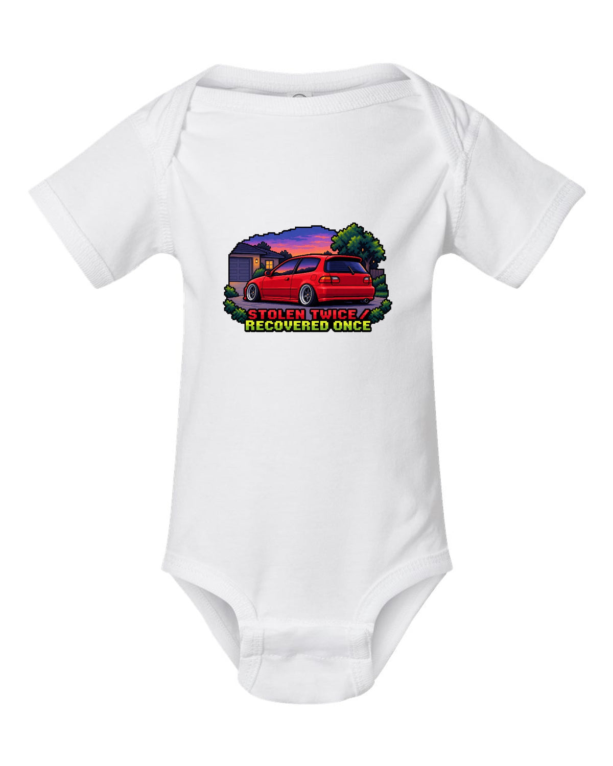 16-bit pixel art Honda Civic EG6 SiR print with stolen twice text white baby onesie front view with the design