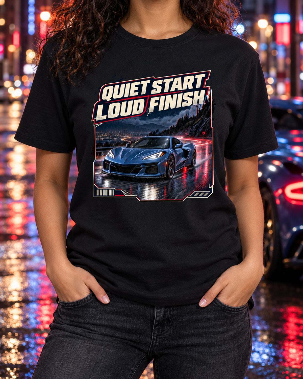 Corvette C8 E-Ray Night Street Graphic Tee, Car Enthusiast Shirt T-Shirt Black worn hero