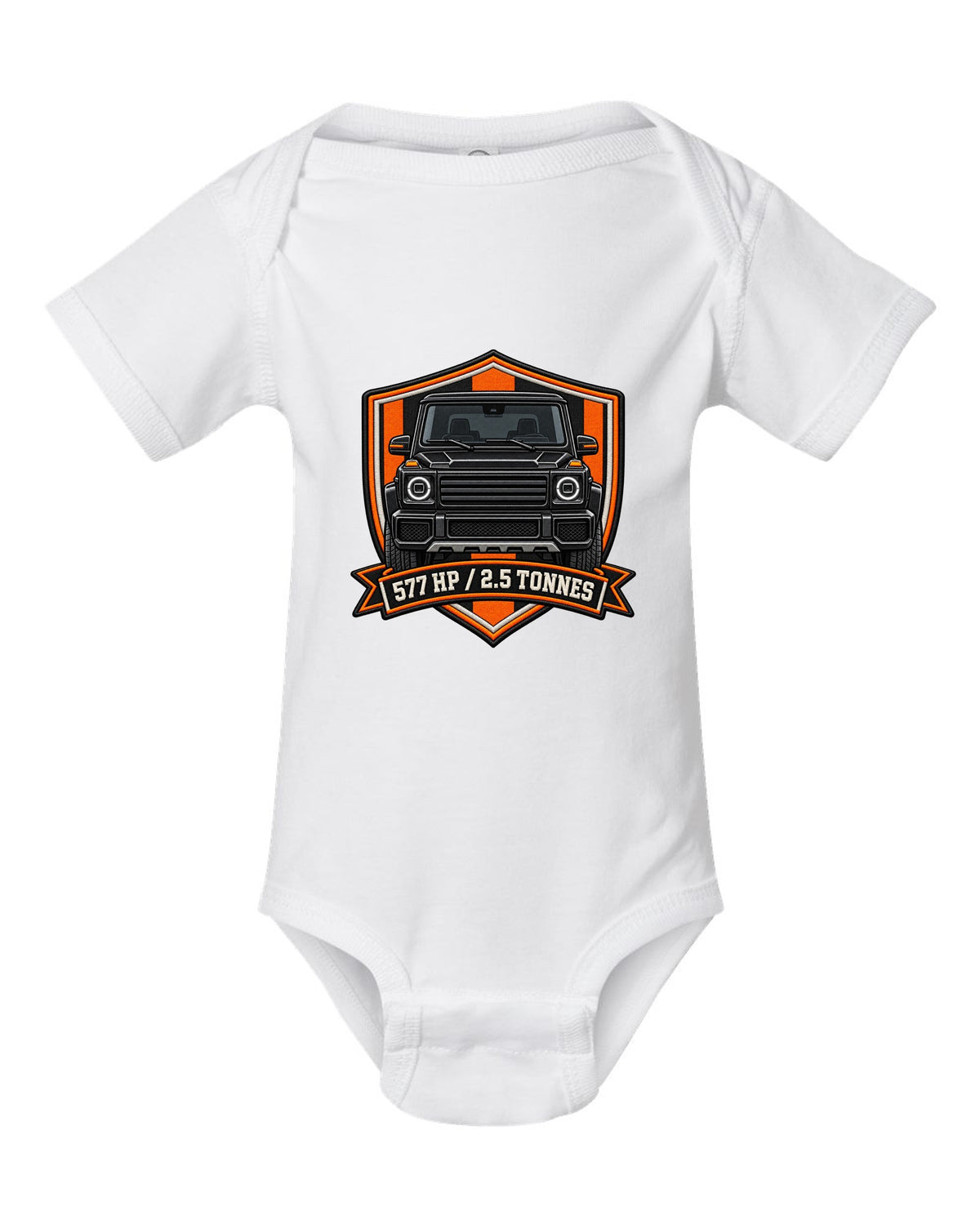 Ukiyo-e woodblock wave graphic with a boxy Mercedes G-Class W463, print white baby onesie front view with the design