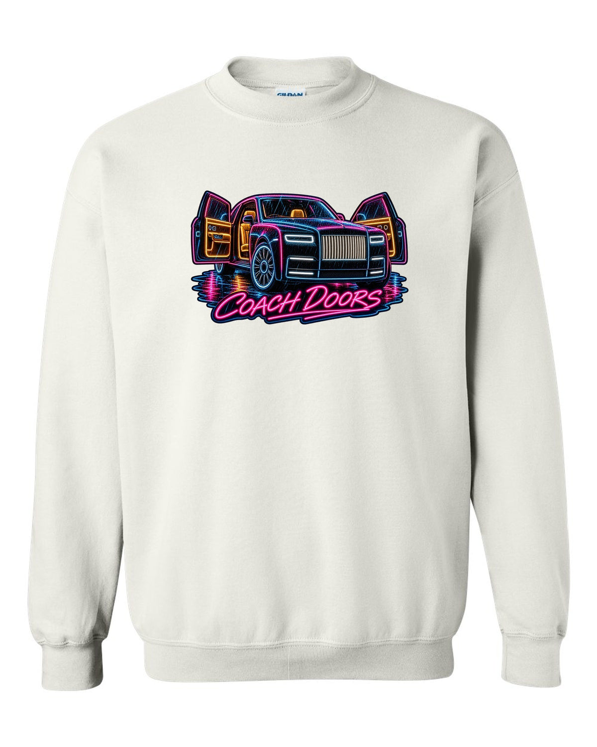 Neon sign style print of a Rolls-Royce Phantom VIII in rain with coach doors lettering white crewneck front view with the design