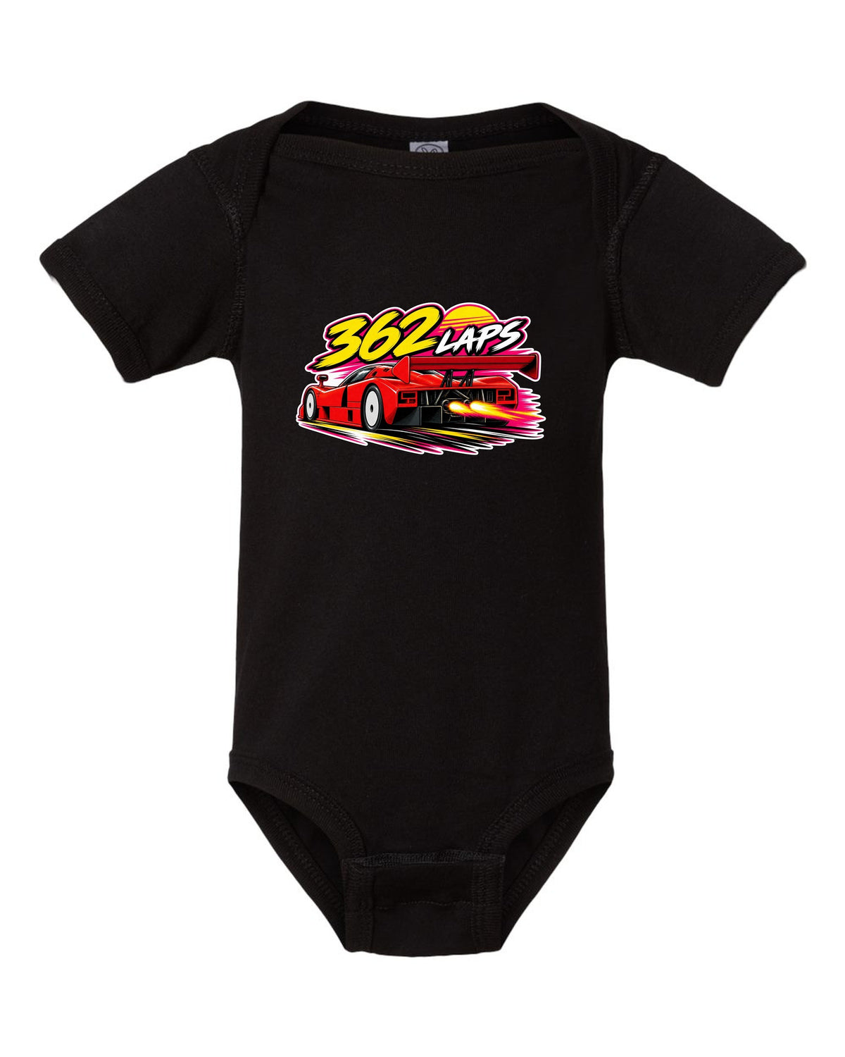 Retro 90s racing sticker-bomb collage for the Mazda 787B with 362 LAPS lettering black baby onesie front view with the design