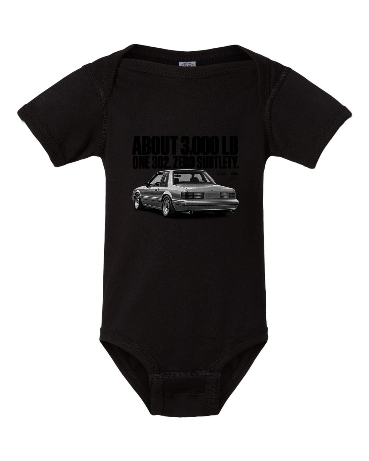 Halftone print of a 1990 Ford Mustang Fox Body LX notchback with spec lines black baby onesie front view with the design