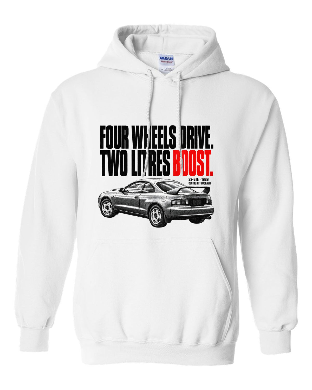 Halftone print of a Toyota Celica GT-Four ST185 with 3S-GTE and centre diff text white pull over hoodie front view with the design