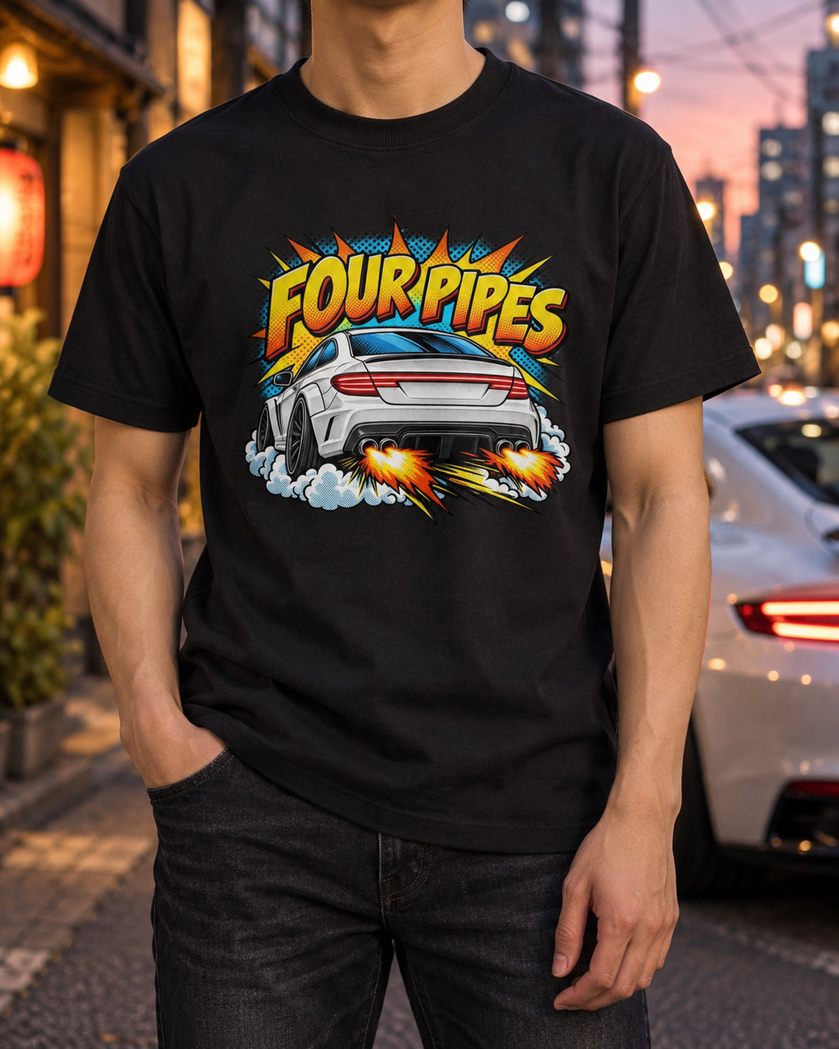 Mercedes C63 Coupe C204 Four Pipes Pop-Art Halftone Tee T-Shirt Black worn hero