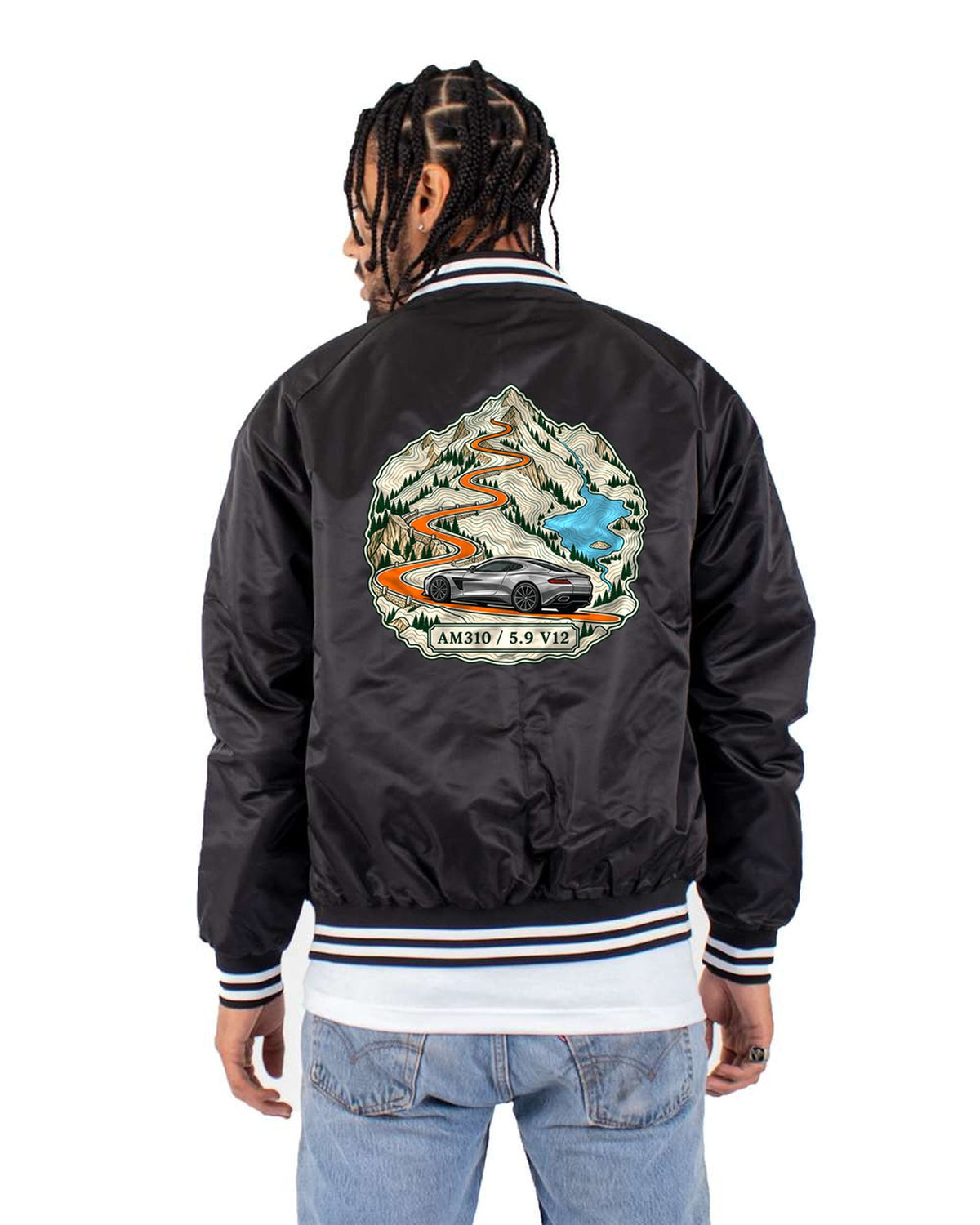 Aston Martin Vanquish AM310 Topographic Route Map Shirt Bomber Jacket Black back