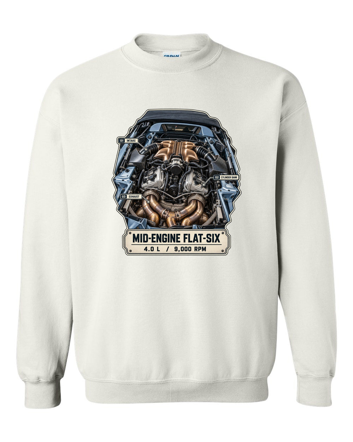 Engine hero print of a Porsche 718 Spyder RS 982 showing the mid-engine 4.0 L flat-six white crewneck front view with the design
