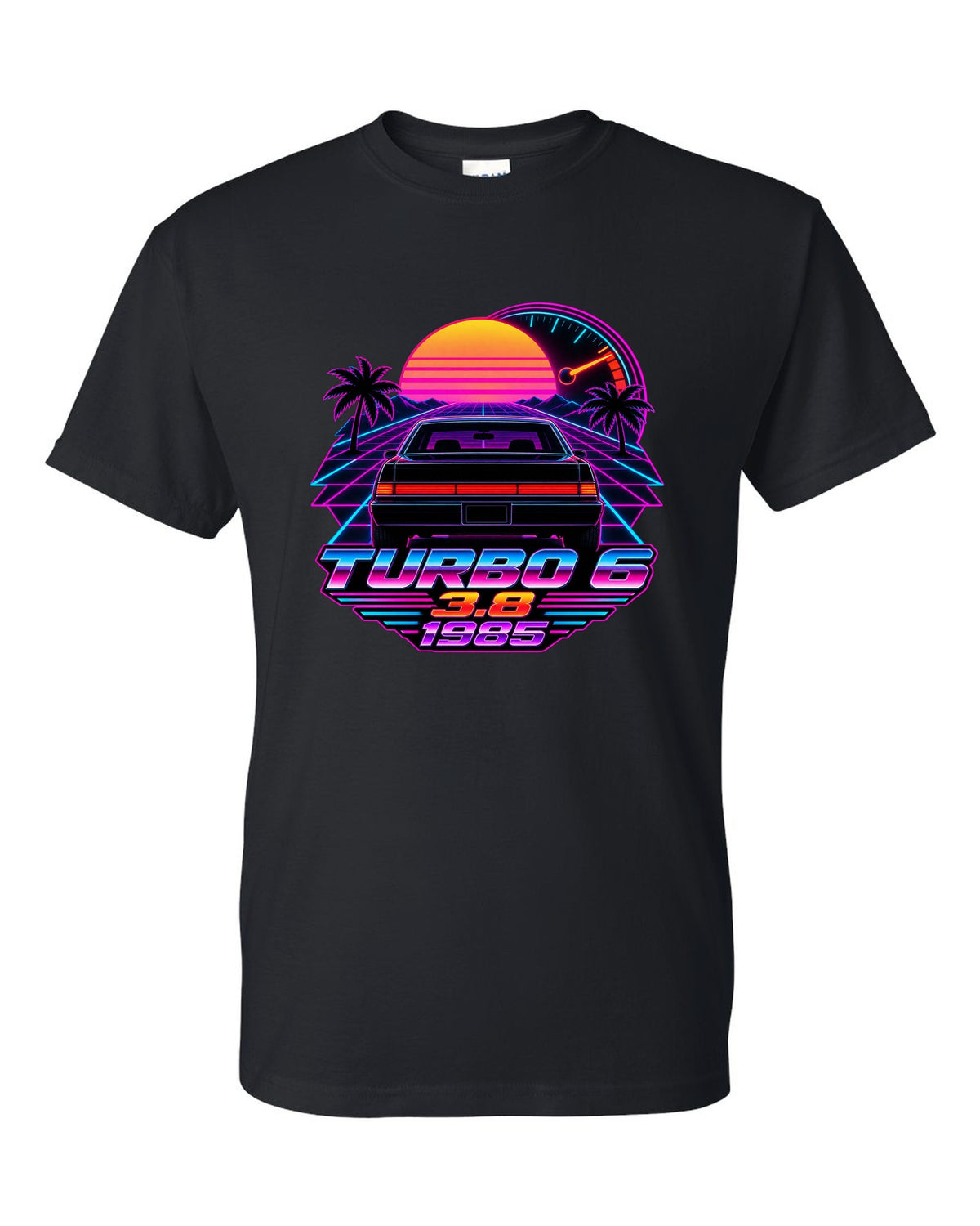 1985 Buick Regal T-Type rear taillights in a synthwave outrun sunset black t-shirt front view with the design