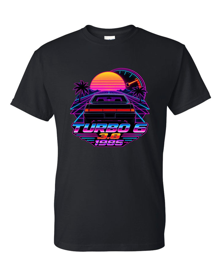1985 Buick Regal T-Type rear taillights in a synthwave outrun sunset black t-shirt front view with the design