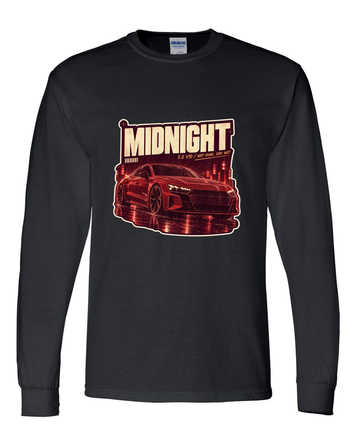 Audi R8 V10 performance on a wet night street print design black long sleeve front view with the design